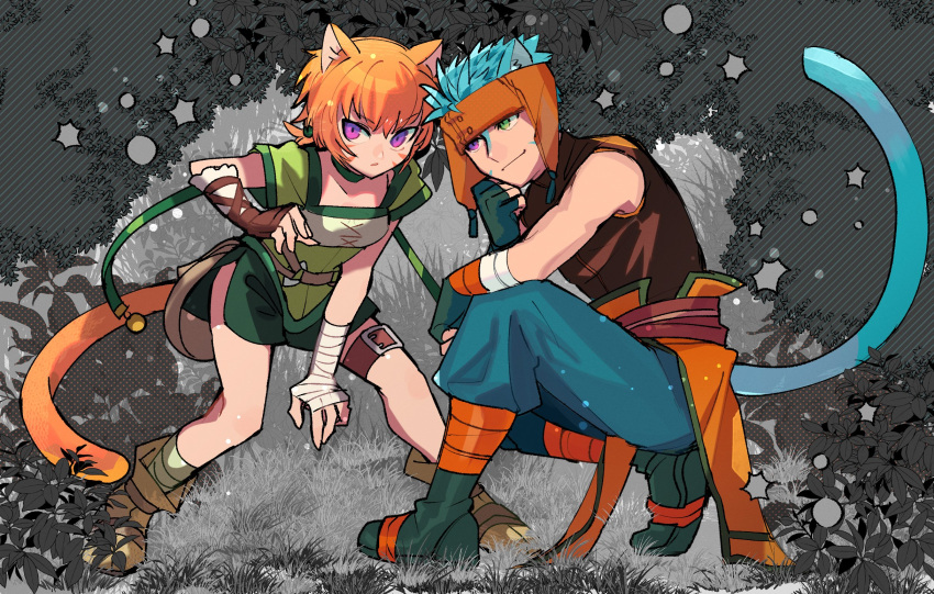 1boy 1girl animal_ears blue_tail cat_boy cat_ears cat_girl choker facial_mark fire_emblem fire_emblem:_path_of_radiance fire_emblem:_radiant_dawn green_choker heterochromia highres kurimori lethe_(fire_emblem) orange_tail ranulf_(fire_emblem) shorts side_slit side_slit_shorts whisker_markings wrist_wrap