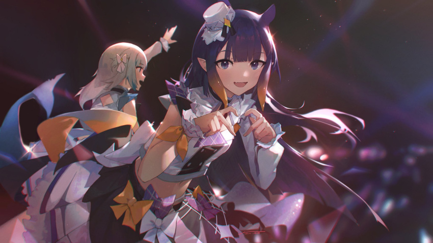 2girls :d arm_up back_bow black_skirt blue_eyes blue_hair blunt_bangs bow buttons commentary concert crinoline crop_top double-breasted dress fang fins fish_tail frilled_dress frills gawr_gura gradient_hair grey_hair hair_bow hat heart heart_hands highres hololive hololive_english hololive_idol_uniform_(bright) huge_bow jushoro long_hair looking_at_viewer mini_hat mini_top_hat multicolored_hair multiple_girls navel ninomae_ina'nis official_alternate_costume orange_bow orange_hair plaid plaid_bow pleated_skirt pointy_ears purple_bow purple_eyes purple_hair shark_girl shark_tail shirt sidelocks signature single_sleeve skin_fang skirt smile streaked_hair symbol-only_commentary tail tentacle_hair top_hat two_side_up very_long_hair virtual_youtuber white_bow white_headwear white_shirt white_skirt white_wrist_cuffs wrist_cuffs