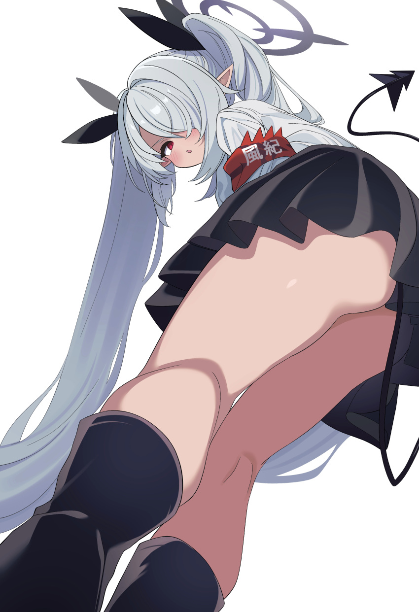 1girl absurdres armband ass black_footwear black_panties black_skirt blue_archive blush commentary dark-skinned_female dark_skin demon_girl demon_tail from_below grey_hair grey_halo hair_over_one_eye halo highres hiroikara_(smhong04) iori_(blue_archive) kneepits long_hair looking_at_viewer open_mouth panties pantyshot pointy_ears red_armband red_eyes shirt simple_background skirt solo symbol-only_commentary tail twintails underwear very_long_hair white_background white_shirt