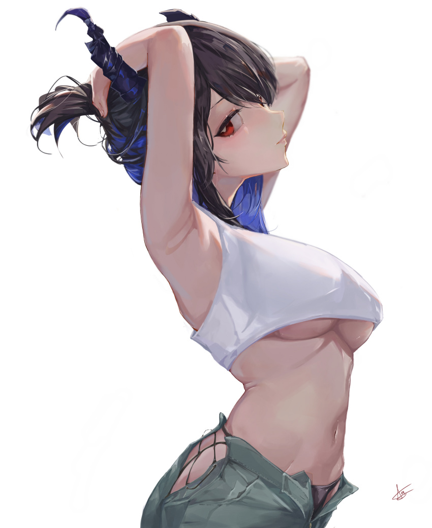 1girl absurdres armpits arms_up arnkun asymmetrical_horns black_hair black_panties blue_hair breasts colored_inner_hair crop_top demon_horns english_commentary from_side green_pants hair_lift highres hololive hololive_english horns large_breasts long_hair looking_at_viewer multicolored_hair navel nerissa_ravencroft open_pants panties pants red_eyes signature sleeveless solo two-tone_hair underboob underwear virtual_youtuber white_background