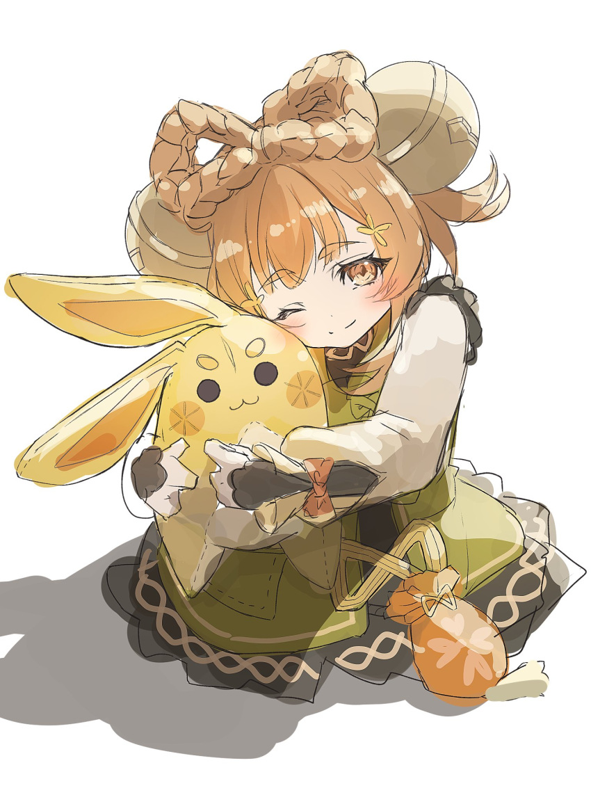 1girl animal_ears bag bell blush bow bow-shaped_hair closed_mouth dress floral_print flower genshin_impact green_dress hair_bell hair_flower hair_ornament hands_up highres hug long_sleeves looking_at_viewer one_eye_closed orange_bag orange_bow orange_eyes orange_hair puffy_long_sleeves puffy_sleeves rabbit_ears ribbon shadow shirt short_hair simple_background sitting situki smile solo tassel white_background white_shirt yaoyao_(genshin_impact) yellow_flower yellow_ribbon yuegui_(genshin_impact)