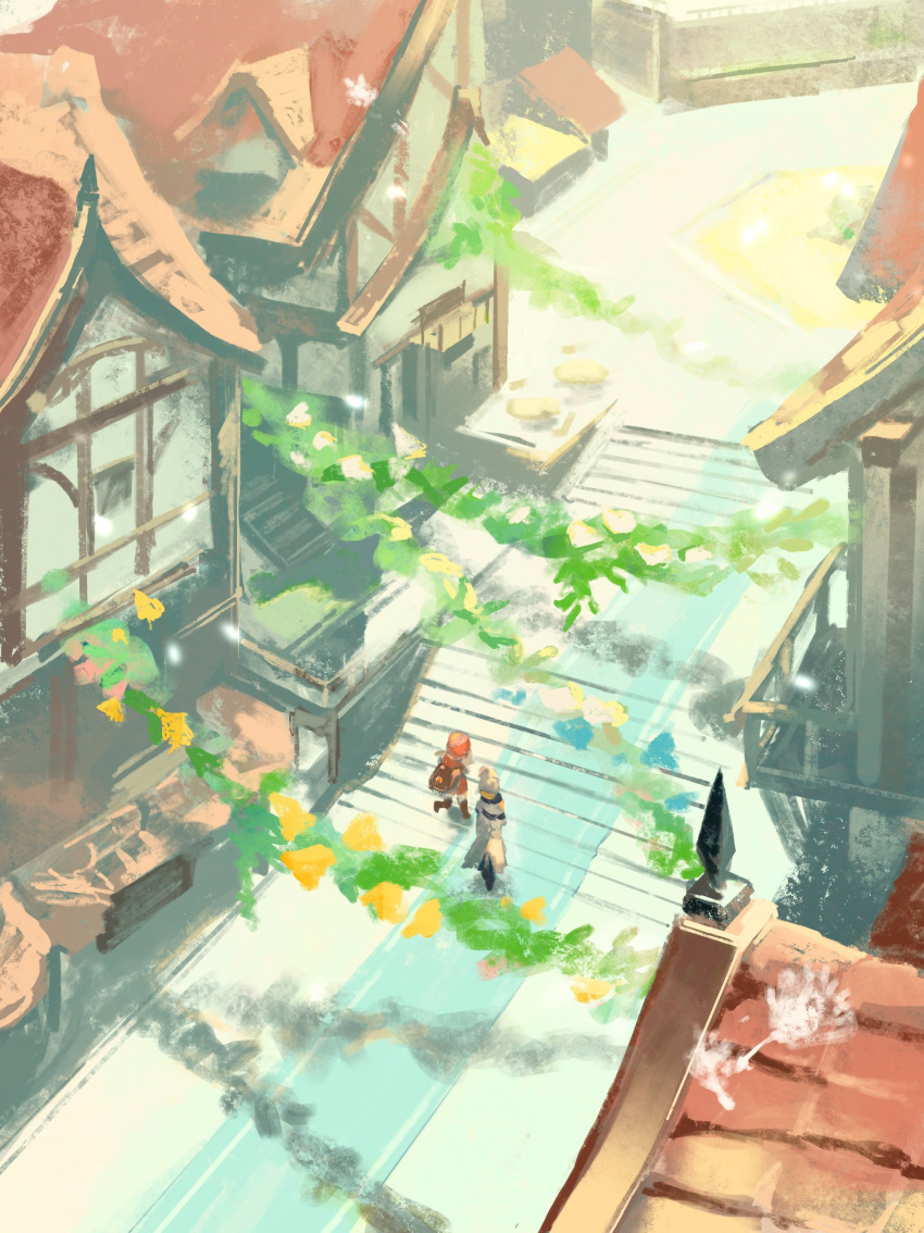 1boy 1girl absurdres albedo_(genshin_impact) building city from_above from_behind genshin_impact highres house klee_(genshin_impact) outdoors plant rooftop stairs stone_stairs stone_walkway walking zuu_(kyuudo9)