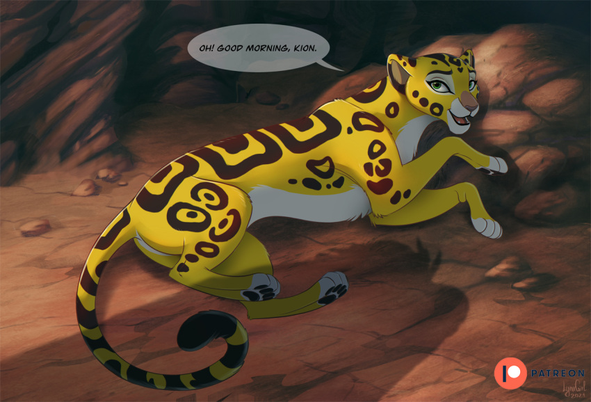 cheetah disney english_text felid feline female feral fuli fur lying mammal open_mouth patreon pawpads paws reallynxgirl smile solo spots spotted_body spotted_fur text the_lion_guard the_lion_king