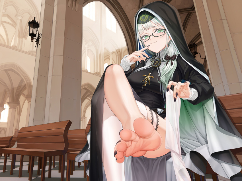 1girl absurdres barefoot black_bow black_dress black_nails bow breasts chinese_commentary church clothing_cutout commentary_request convenient_leg crossed_legs dress eyelashes feet finger_to_mouth foot_focus foot_out_of_frame foot_up glasses green_eyes grey_hair habit hair_bow hair_over_shoulder highres holding holding_clothes impossible_clothes impossible_dress indie_virtual_youtuber indoors jewelry lace_trim large_breasts legs long_hair long_sleeves looking_at_viewer nail_polish necklace nun on_chair parasister_(vtuber) ponytail presenting_foot saliva see-through see-through_legwear side_cutout single_thighhigh sitting soles solo spread_toes thighhighs toenail_polish toenails toes virtual_youtuber white_thighhighs xo_(xo17800108)