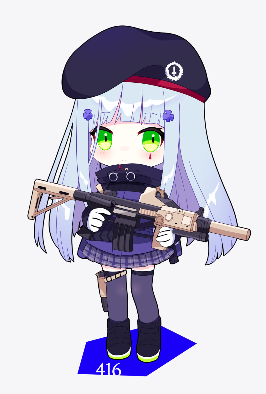 1girl assault_rifle belt black_belt black_footwear black_headwear blunt_bangs boots chibi dot_mouth girls'_frontline gloves green_eyes gun h&amp;k_hk416 highres hk416_(girls'_frontline) holding holding_weapon jacket long_hair looking_at_viewer military_jacket pleated_skirt purple_jacket purple_skirt purple_thighhighs rifle shichi_(ponpeex) sidelocks simple_background skirt slit_pupils standing teardrop_facial_mark thighhighs weapon white_background white_gloves white_hair