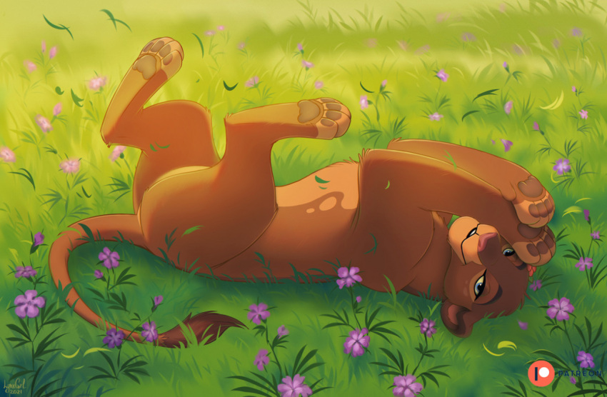 disney felid female feral flower grass half-closed_eyes hindpaw legs_up lion looking_at_viewer lying mammal narrowed_eyes nirmala on_back on_grass outside pantherine pawpads paws plant reallynxgirl smile solo the_lion_guard the_lion_king