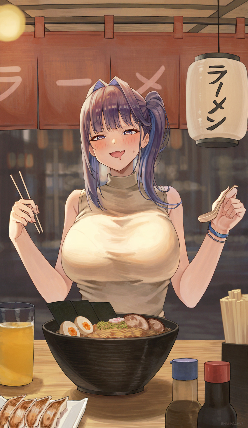 1girl absurdres adapted_costume alternate_hairstyle blue_eyes blue_hair blunt_bangs bowl breasts brown_sweater chopsticks cup cut_bangs drinking_glass drooling food hair_intakes half-closed_eyes highres holding holding_chopsticks holding_spoon hololive hololive_english lantern large_breasts long_hair mouth_drool multicolored_hair nannachu7 noodles ouro_kronii ouro_kronii_(casual) paper_lantern side_ponytail sitting sleeveless sleeveless_sweater smile solo spoon streaked_hair sweater turtleneck turtleneck_sweater udon virtual_youtuber