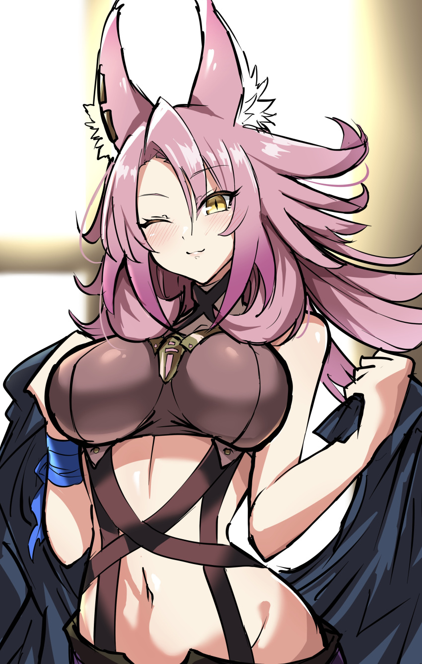 1girl :3 absurdres animal_ear_fluff animal_ears bandeau bare_shoulders blush breasts brown_bandeau closed_mouth commentary_request cowboy_shot duel_monster earclip ferret_ears ferret_girl groin hair_between_eyes highres holding large_breasts long_hair looking_at_viewer midriff navel one_eye_closed pink_hair sidelocks slit_pupils smile solo standing synchroman tri-brigade_ferrijit_the_barren_blossom wrist_wrap yellow_eyes yu-gi-oh!