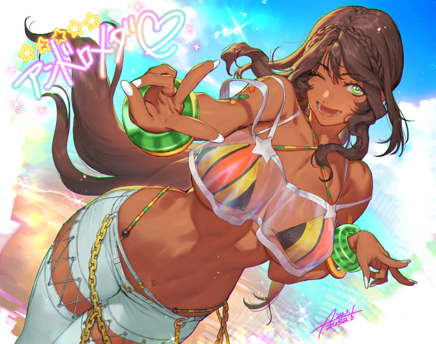 1girl andromeda_(fate) andromeda_(second_ascension)_(fate) azusa_(hws) bandeau bare_shoulders beach bikini bikini_under_clothes blue_pants blue_sky blush bracelet braid breasts brown_hair chain cleavage criss-cross_halter crown_braid dark-skinned_female dark_skin denim fate/grand_order fate_(series) green_eyes halterneck highleg highleg_bikini highres hydrokinesis jeans jewelry large_breasts long_hair looking_at_viewer low_ponytail multicolored_bikini multicolored_clothes navel one_eye_closed open_mouth pants rainbow_bikini see-through shore sidelocks sky smile solo swimsuit translation_request v water