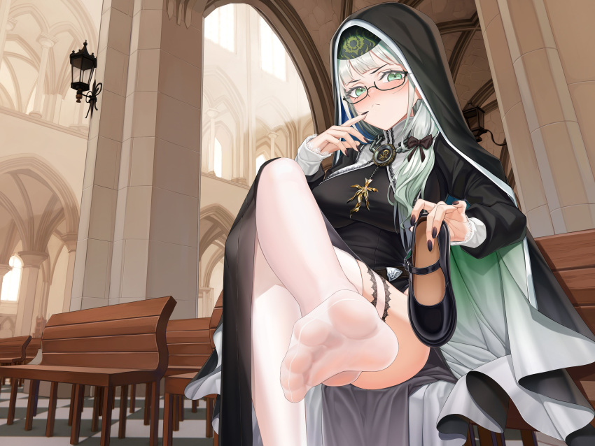 1girl absurdres black_bow black_dress black_nails bow breasts chinese_commentary church closed_mouth clothing_cutout commentary_request convenient_leg crossed_legs dress eyelashes feet finger_to_mouth foot_focus foot_out_of_frame foot_up glasses green_eyes grey_hair habit hair_bow hair_over_shoulder highres holding holding_clothes holding_footwear impossible_clothes impossible_dress indie_virtual_youtuber indoors jewelry lace_trim large_breasts legs long_hair long_sleeves looking_at_viewer necklace no_shoes nun on_chair parasister_(vtuber) ponytail presenting_foot saliva see-through see-through_legwear shoes side_cutout sitting soles solo spread_toes thighhighs toes tongue tongue_out unworn_shoes virtual_youtuber white_thighhighs xo_(xo17800108)