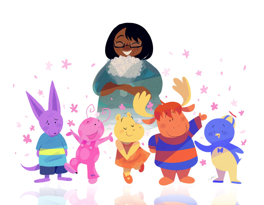 3boys 3girls absurdres ant_girl auri_(xoauri) austin_(backyardigans) black_hair blue_skin colored_skin commentary dark-skinned_female dark_skin english_commentary glasses grin highres janice_burgess kangaroo_boy moose_boy multiple_boys multiple_girls orange_skin pablo_(backyardigans) penguin_boy pink_skin purple_skin real_life smile tasha_(backyardigans) the_backyardigans tyrone_(backyardigans) uniqua_(backyardigans) yellow_skin