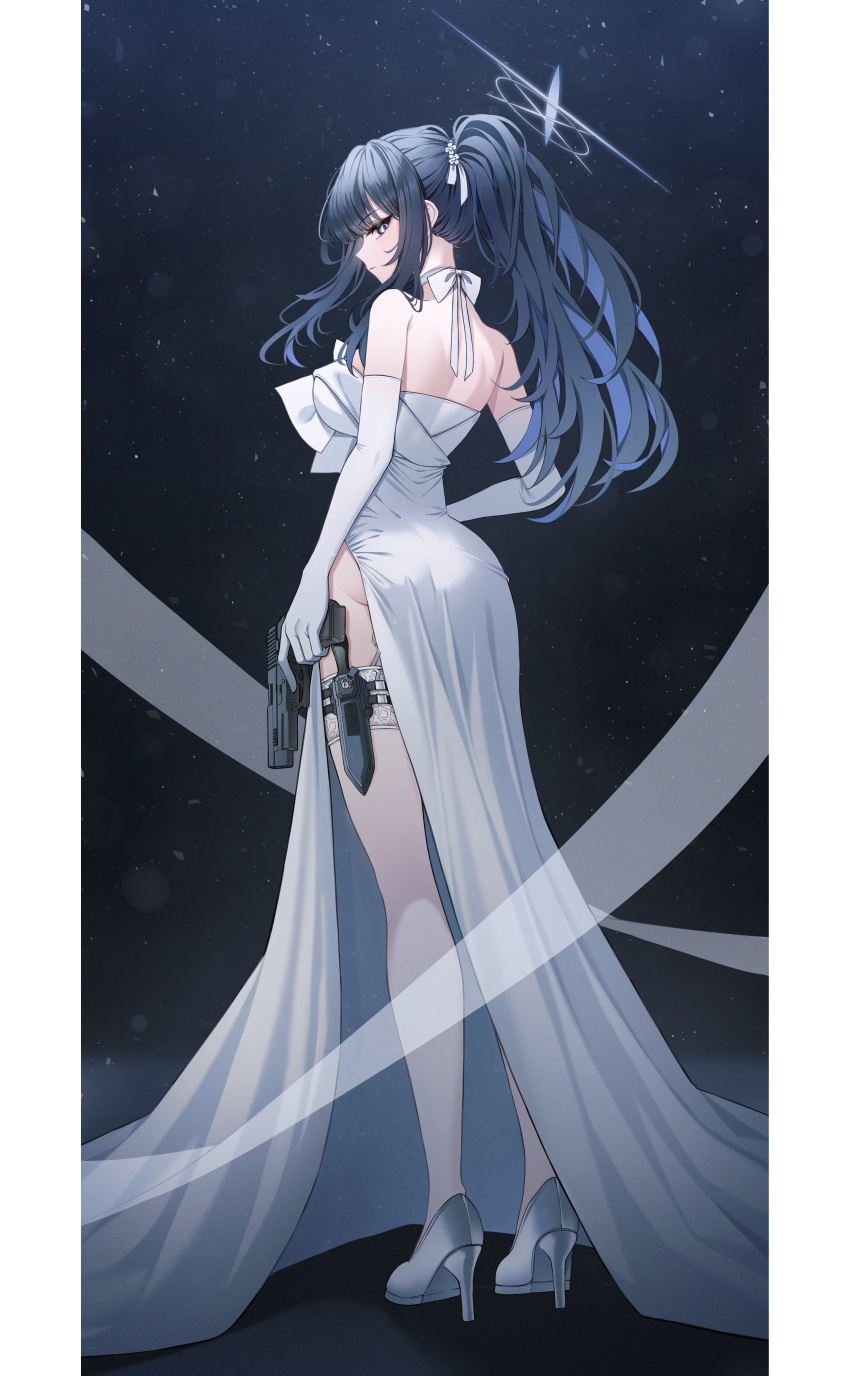 1girl absurdres blue_archive blue_halo choker colored_inner_hair dress elbow_gloves gloves halo highres knife_sheath multicolored_hair official_alternate_costume popcat_(jung5u) saori_(blue_archive) saori_(dress)_(blue_archive) sheath solo strapless strapless_dress thigh_sheath white_choker white_dress white_gloves