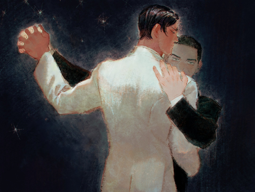 2boys arm_up black_background black_coat black_hair chengongzi123 closed_eyes closed_mouth coat dancing dark-skinned_male dark_skin facing_to_the_side golden_kamuy grey_eyes hand_on_another's_shoulder hand_up highres holding_hands koito_otonoshin long_sleeves looking_at_viewer male_focus multiple_boys short_hair simple_background standing tsukishima_hajime upper_body very_short_hair waltz_(dance) white_coat yaoi