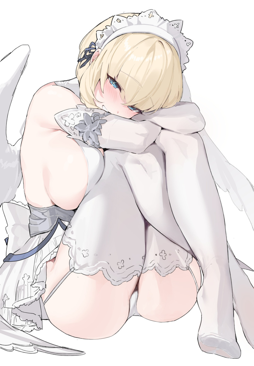 1girl absurdres blonde_hair blue_eyes blush breast_press breasts crossed_arms dress elbow_gloves feathered_wings garter_straps gloves highres huge_breasts hugging_own_legs looking_at_viewer maid_headdress mendou_kusai no_shoes original panties short_hair simple_background sitting solo thighhighs underwear white_background white_dress white_gloves white_panties white_thighhighs white_wings wings