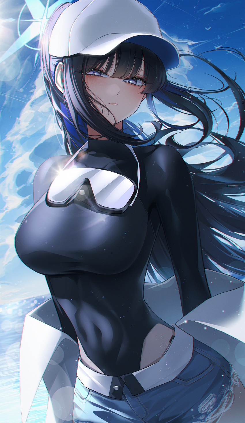 1girl absurdres alternate_costume baseball_cap black_hair blue_archive blue_eyes blue_sky blush breasts closed_mouth covered_navel goggles goggles_around_neck halo hat highres long_hair orecalc3092 saori_(blue_archive) shorts skindentation sky solo swimsuit very_long_hair