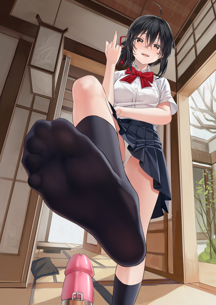 1girl absurdres ahoge bdsm black_hair black_skirt black_socks bow breasts brown_eyes chastity_cage collared_shirt commentary_request erection feet foot_focus foot_out_of_frame hair_between_eyes hair_ribbon highres indoors kimi_no_na_wa. middle_finger miyamizu_mitsuha no_shoes open_mouth panties penis pleated_skirt red_bow ribbon shirt short_hair short_sleeves skirt small_breasts smile socks soles solo_focus standing standing_on_one_leg toenails toes underwear white_panties xo_(xo17800108)