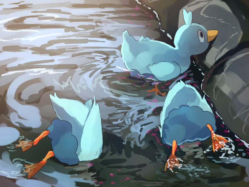 animal_focus bird blue_feathers commentary_request duck ducklett feathers fusenryo no_humans partially_submerged pokemon pokemon_(creature) water webbed_feet