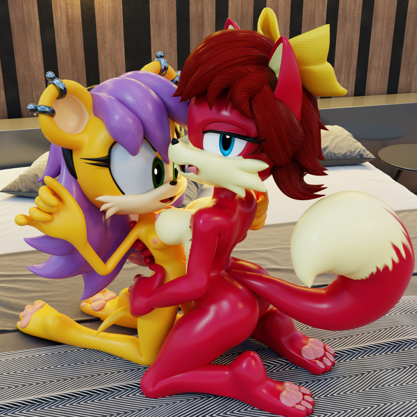 3d_(artwork) absurd_res archie_comics barefoot big_breasts blender_(software) blue_eyes breast_squeeze breasts butt canid canine digital_media_(artwork) feet female female/female fiona_fox fox green_eyes herpestid hi_res hug looking_at_viewer mammal mina_mongoose mongoose paws rotalice2 sega size_difference smile sonic_-_adult sonic_the_hedgehog_(archie) sonic_the_hedgehog_(comics) sonic_the_hedgehog_(series) worried_look