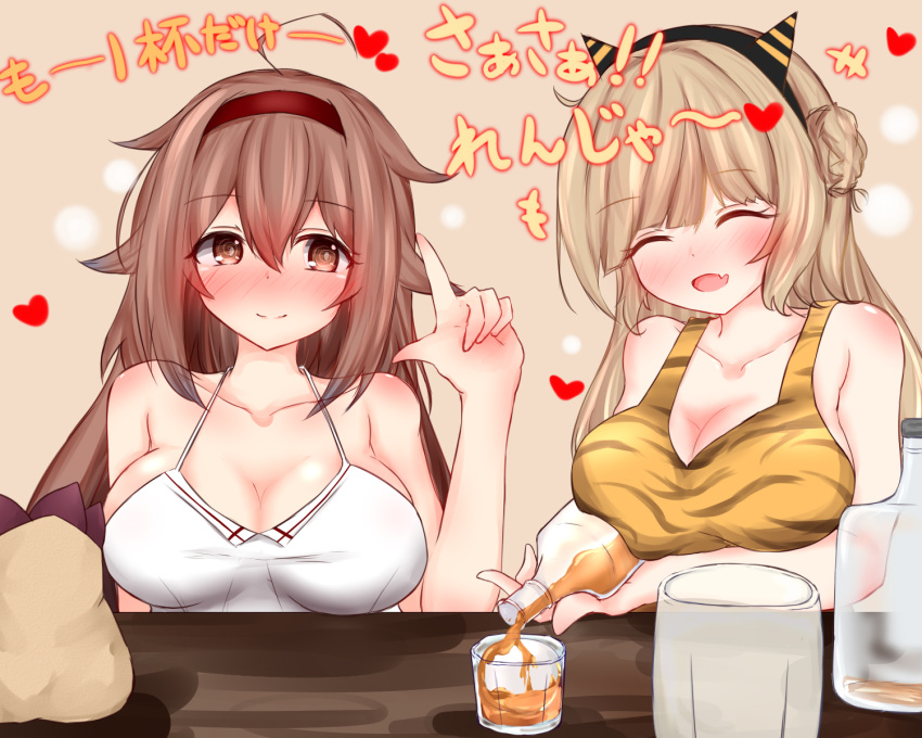 2girls alternate_costume animal_print bare_shoulders black_hairband blonde_hair blush bottle breasts brown_eyes brown_hair cleavage closed_eyes collarbone commentary_request cup drunk fake_horns hair_between_eyes hair_bun hair_flaps hairband heart highres horns kantai_collection large_breasts long_hair looking_at_viewer multiple_girls open_mouth pointing pointing_up ranger_(kancolle) red_hairband shiratsuyu_(kancolle) smile translation_request upturned_eyes wine_bottle yuki_(yukineko-nyaa)
