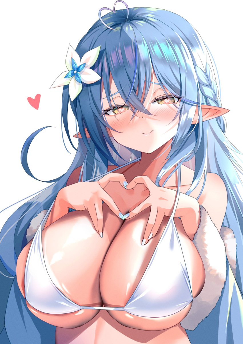 absurdres ahoge bikini blue_coat blue_hair blush braid breasts cleavage coat flower fur-trimmed_coat fur_trim hair_between_eyes hair_flower hair_ornament heart heart-shaped_pupils heart_hands highres hololive large_breasts long_hair mizuno_kurage pointy_ears smile swimsuit symbol-shaped_pupils white_bikini yellow_eyes yukihana_lamy