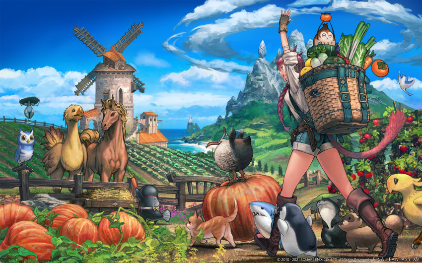 1girl animal_ears arm_up bird braid braided_ponytail breasts carrot cat cat_ears cat_tail chocobo day field final_fantasy final_fantasy_xiv fingerless_gloves gloves green_eyes highres horse medium_breasts miqo'te mountain namazu official_art open_mouth otter outdoors owl pumpkin red_hair scarecrow shirt shorts sleeves_rolled_up solo spring_onion square_enix tail tomato walking watermark white_shirt windmill