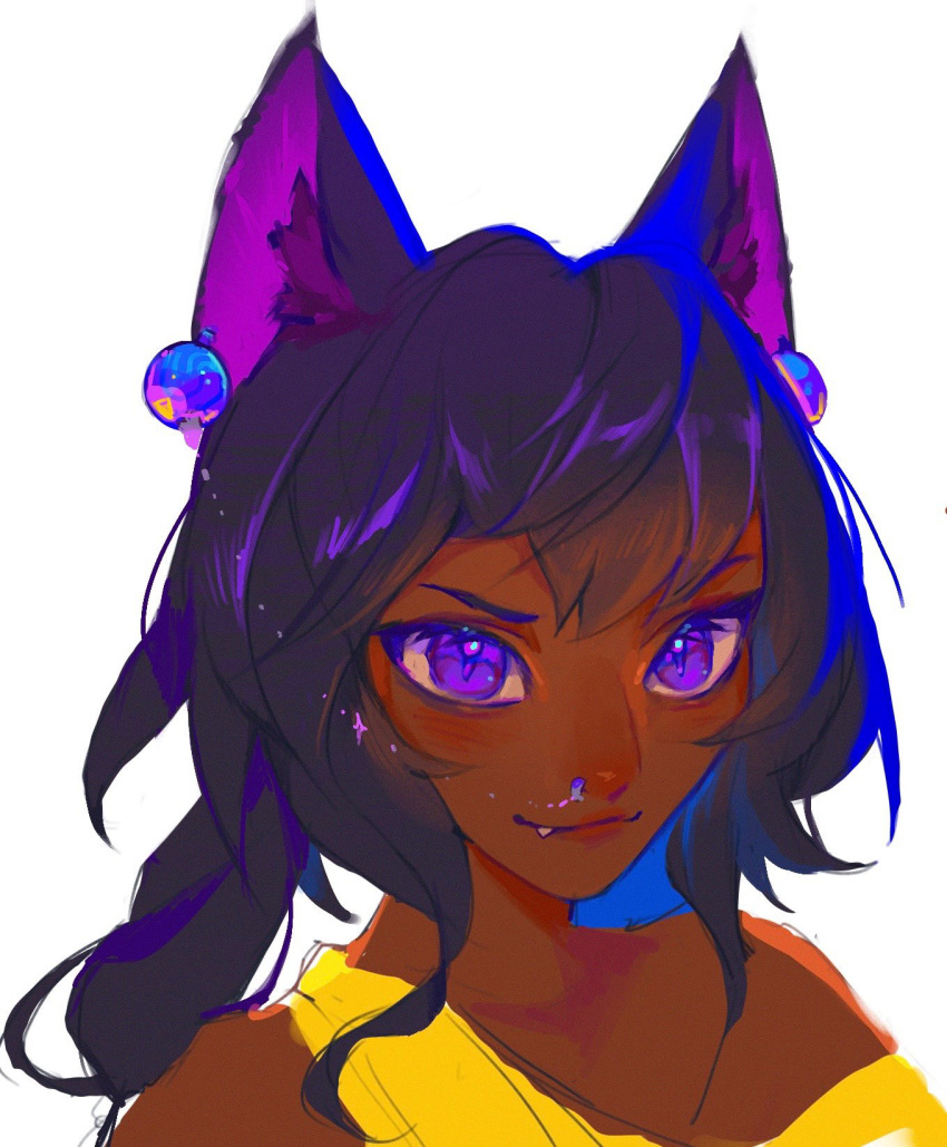 1girl animal_ears bare_shoulders black_hair brown_hair cat_ears cat_girl dark-skinned_female dark_skin fang fang_out highres knol_(flowrmosh) league_of_legends long_hair nilah_(league_of_legends) portrait purple_eyes smile solo