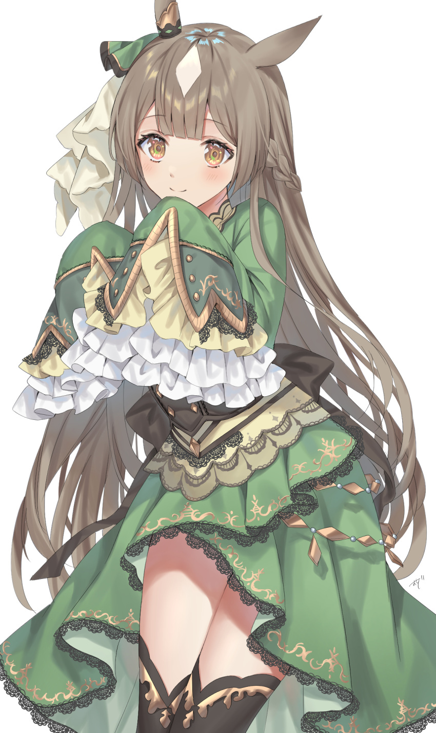 1girl animal_ears black_thighhighs blush brown_eyes brown_hair closed_mouth cowboy_shot dress frilled_dress frilled_sleeves frills green_dress highres horse_ears horse_girl long_hair looking_at_viewer multicolored_hair oshage_(osyage921) satono_diamond_(umamusume) simple_background sleeves_past_fingers sleeves_past_wrists smile solo thighhighs umamusume white_background