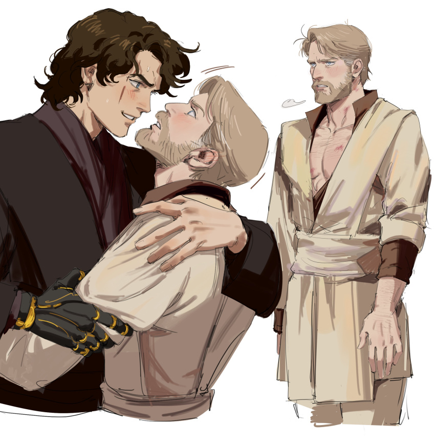 absurdres anakin_skywalker beard blonde_hair blue_eyes blush brown_hair dual_persona facial_hair highres jedi multiple_boys obi-wan_kenobi scar scar_across_eye simple_background smile standing star_wars star_wars:_revenge_of_the_sith thisuserisalive white_background yaoi