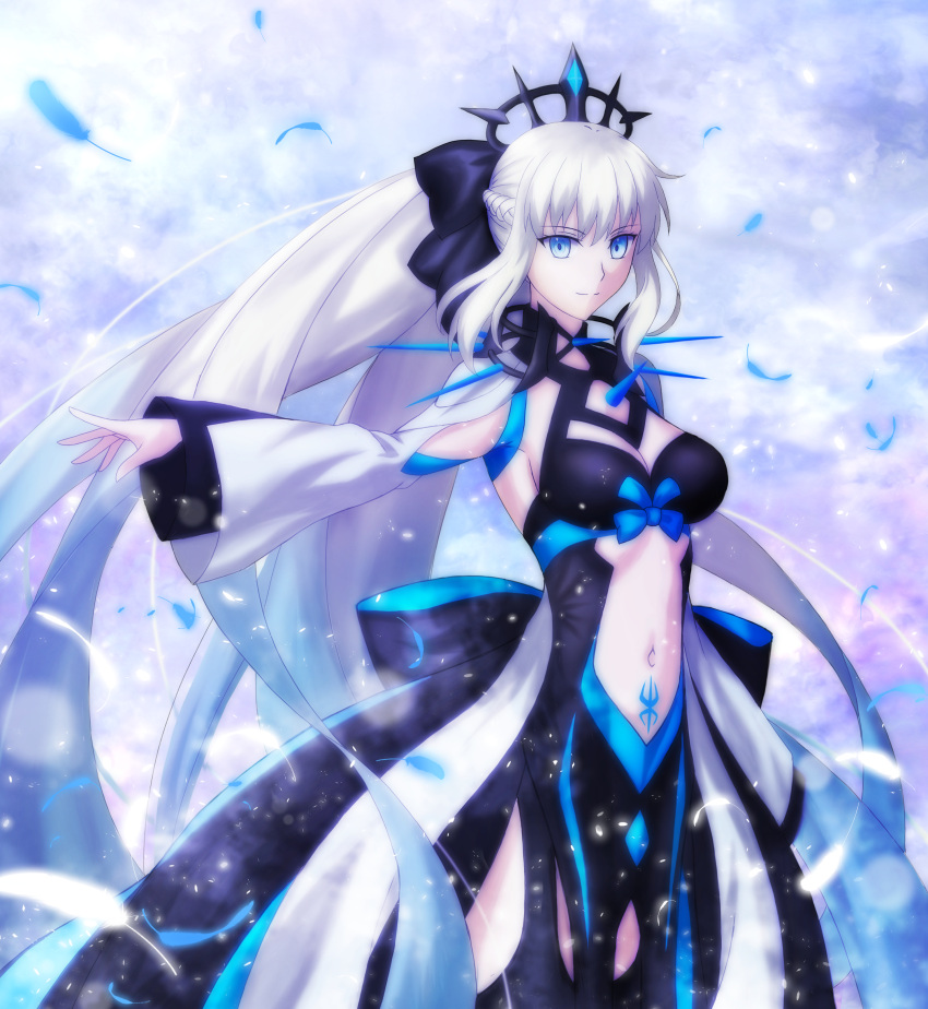 1girl absurdres black_bow black_dress blue_eyes bow braid center_opening clothing_cutout commentary_request cosplay dress fate/apocrypha fate/grand_order fate_(series) french_braid grey_hair hair_bow highres long_hair morgan_le_fay_(fate) morgan_le_fay_(fate)_(cosplay) ponytail prime_(cameron) sidelocks solo stomach_cutout stomach_tattoo takeuchi_takashi_(style) tattoo two-tone_dress very_long_hair