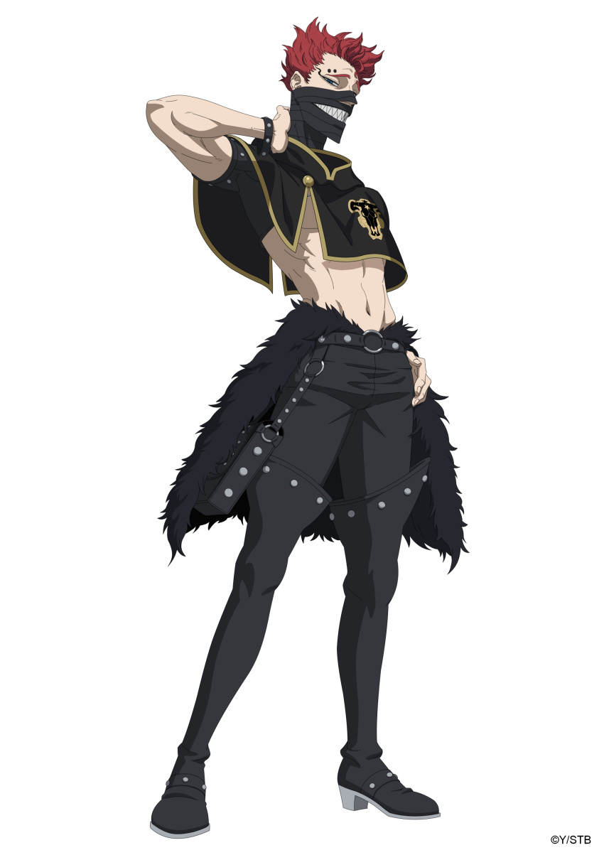 1boy absurdres belt black_belt black_bulls_(emblem) black_capelet black_clover black_clover_m:_rise_of_the_wizard_king black_footwear black_mask black_pants blue_eyes boots capelet eyebrow_piercing full_body highres looking_at_viewer mask navel official_art pants piercing red_hair rubbing_neck sharp_teeth short_hair simple_background solo teeth thigh_boots topless_male zora_ideale