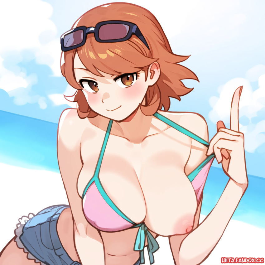 1girl beach bikini bikini_top_aside bikini_top_only breasts brown_eyes brown_hair commission denim denim_shorts eyewear_on_head flashing front-tie_bikini_top front-tie_top highres hiita_(hitta_99) index_finger_raised large_breasts leaning_forward light_blush nipples ocean one_breast_out persona persona_3 pixiv_commission short_hair short_shorts shorts smile solo sunglasses swimsuit takeba_yukari