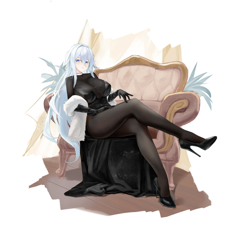 1girl absurdres azur_lane black_dress black_footwear blue_eyes bodystocking breasts cleavage covered_nipples dress full_body hair_between_eyes high_heels highres huge_breasts long_hair on_chair simple_background sitting solo sovetsky_soyuz_(azur_lane) stiletto_heels suo_bu_ye_feng very_long_hair white_background white_hair