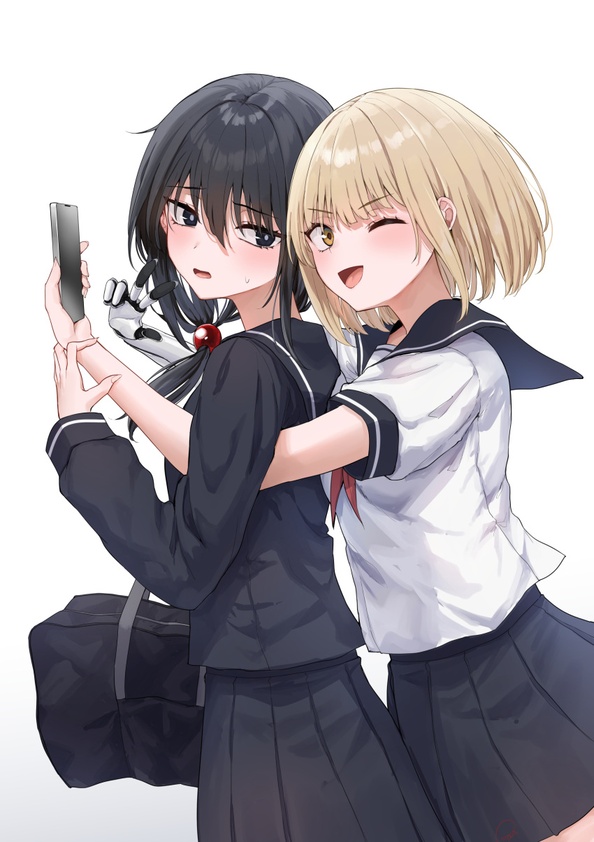 2girls ;d absurdres ameno_hitsuka black_eyes black_hair black_sailor_collar black_serafuku black_skirt blonde_hair cellphone gradient_background grey_background hair_bobbles hair_ornament highres holding holding_phone kamioka_senri looking_at_another looking_at_viewer mechanical_arms medium_hair multiple_girls one_eye_closed open_mouth original phone piripun pleated_skirt sailor_collar school_uniform serafuku shirt short_hair short_sleeves single_mechanical_arm skirt smile w white_background white_shirt yellow_eyes yuri