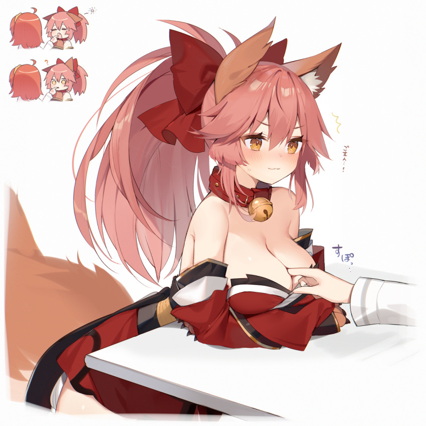 2girls :3 ? ^^^ ahoge animal_ear_fluff animal_ears bangs bell blush bow breasts chibi chibi_inset cleavage closed_mouth collar collarbone commentary_request detached_sleeves eyebrows_visible_through_hair fate/grand_order fate_(series) finger_between_breasts finger_in_another's_mouth fox_ears fox_girl fox_tail fujimaru_ritsuka_(female) gloves hair_between_eyes hair_bow highres japanese_clothes jingle_bell kimono large_breasts long_sleeves multiple_girls muryotaro orange_eyes orange_hair paw_gloves paws pink_hair ponytail red_bow red_kimono simple_background smile solo_focus strapless sweat table tail tamamo_(fate)_(all) tamamo_cat_(fate) translated v-shaped_eyebrows white_background yawning yuri