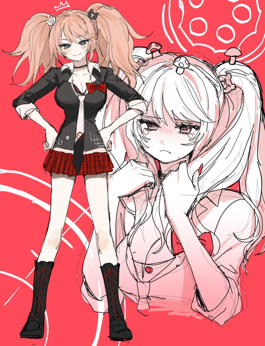 1girl bear_hair_ornament black_footwear black_necktie boots bow breasts cleavage cropped_torso danganronpa:_trigger_happy_havoc danganronpa_(series) enoshima_junko hair_ornament hands_on_own_hips highres knee_boots large_breasts miniskirt multiple_views mushroom_on_head nail_polish necktie plaid plaid_skirt red_bow red_nails red_skirt shirt_bow skirt smile standing twintails two-tone_necktie wayon154 white_necktie