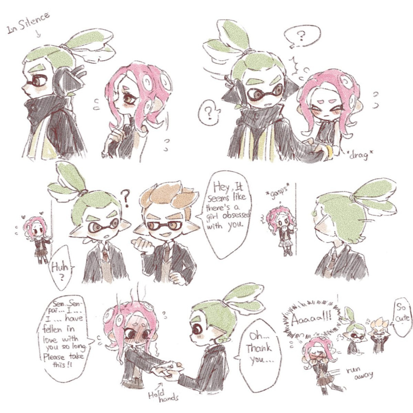 1girl 2boys ? agent_3_(splatoon) agent_8_(splatoon) black_jacket blonde_hair blush english_text flying_sweatdrops full-face_blush green_hair grey_eyes headgear high-visibility_vest highres inkling inkling_boy inkling_player_character jacket long_sleeves love_letter miniskirt multiple_boys necktie nervous octoling octoling_girl octoling_player_character open_clothes open_jacket pink_hair pleated_skirt pointy_ears ponytail red_necktie school_uniform simple_background skirt speech_bubble splatoon_(series) splatoon_2 splatoon_2:_octo_expansion spoken_question_mark suction_cups sweater_vest tentacle_hair thenintlichen96 white_background yellow_eyes