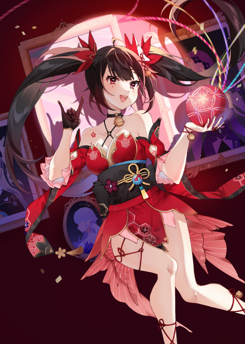 1girl :d ball bare_shoulders bell black_choker black_gloves blush bow brown_hair choker collarbone confetti dress feet_out_of_frame floating_hair fox_mask fox_shadow_puppet gloves gradient_hair hair_bow highres holding holding_ball honkai:_star_rail honkai_(series) knees_together_feet_apart long_bangs long_hair looking_at_viewer mask mask_on_head multicolored_hair nail_polish neck_bell obi open_mouth painting_(object) pelvic_curtain puruton red_bow red_dress red_eyes red_hair red_nails sash short_dress sidelocks single_glove sleeveless sleeveless_dress smile solo sparkle_(honkai:_star_rail) twintails