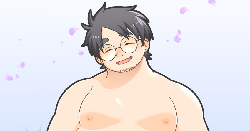 1boy bara blush censored facial_hair fat fat_man feet_out_of_frame glasses head_tilt highres lab_coat male_focus mature_male merchandise neroli_(pokemon) nude osu_(osumankokuou) paid_reward_available pectorals plump pokemon pokemon_sleep round_eyewear scribble short_hair snorlax solo stubble upper_body