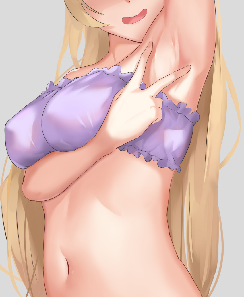 1girl :d arm_under_breasts arm_up armpits bikini blonde_hair breasts fischl_(genshin_impact) frilled_bikini frills genshin_impact grey_background head_out_of_frame highres long_hair medium_breasts navel open_mouth purple_bikini simple_background skai_kun smile solo spread_armpit stomach strapless strapless_bikini swimsuit upper_body very_long_hair