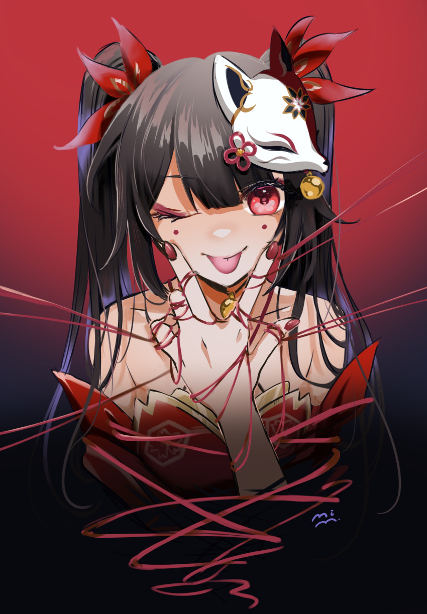 1girl :p armpit_crease bare_shoulders black_background bow brown_hair closed_mouth collarbone cropped_torso dress fox_mask gradient_background hair_bow hand_up highres honkai:_star_rail honkai_(series) long_hair looking_at_viewer mask mask_on_head mi-metal nail_polish red_background red_bow red_dress red_nails sidelocks signature simple_background sleeveless sleeveless_dress smile solo sparkle_(honkai:_star_rail) string string_of_fate tongue tongue_out twintails w w_over_mouth