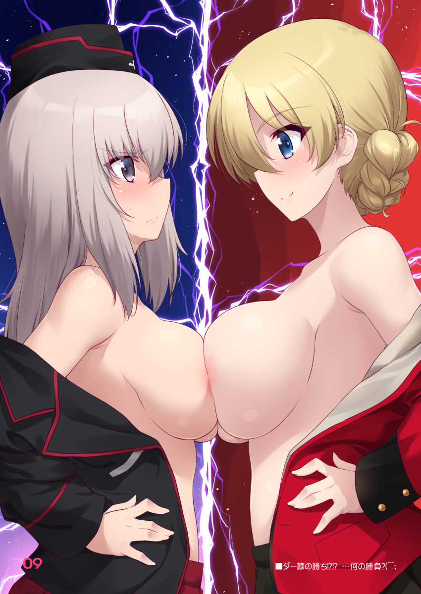 2girls asymmetrical_docking bare_shoulders black_skirt blonde_hair blue_eyes blush braid breast_press breasts darjeeling_(girls_und_panzer) embarrassed from_side garrison_cap girls_und_panzer grey_eyes hat height_difference highres itsumi_erika jacket kuromorimine_military_uniform kuzuryuu_kennosuke large_breasts lightning long_hair multiple_girls open_clothes open_jacket red_skirt short_hair skirt smile sweatdrop white_hair