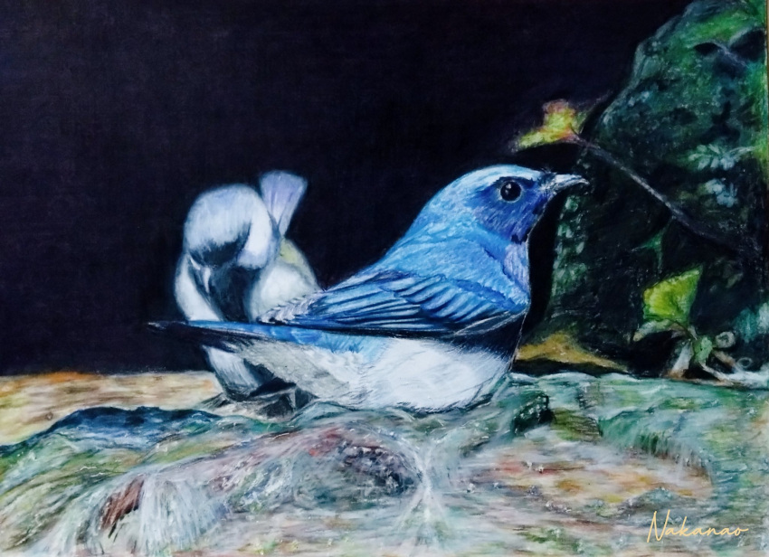 animal bird blue-and-white_flycatcher colored_pencil_(medium) dark grass highres japanese_flycatcher moss nakanaori31 no_humans original plant still_life traditional_media vines