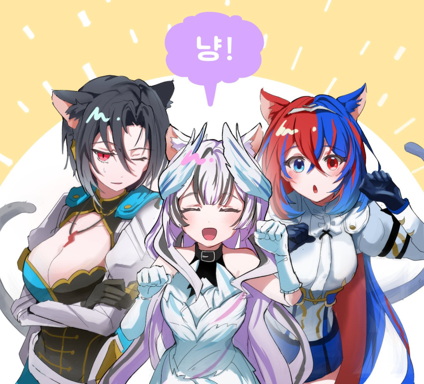 3girls alear_(female)_(fire_emblem) alear_(fire_emblem) animal_ears black_choker blue_eyes blue_hair braid cat_ears cat_tail choker crossed_bangs crown_braid f_e_13 fake_animal_ears fake_tail feather_dress feather_hair_ornament feathers fire_emblem fire_emblem_engage hair_ornament heterochromia highres long_hair multicolored_hair multiple_girls nel_(fire_emblem) red_eyes red_hair siblings sisters split-color_hair tail tiara two-tone_hair very_long_hair veyle_(fire_emblem) wavy_hair wing_hair_ornament