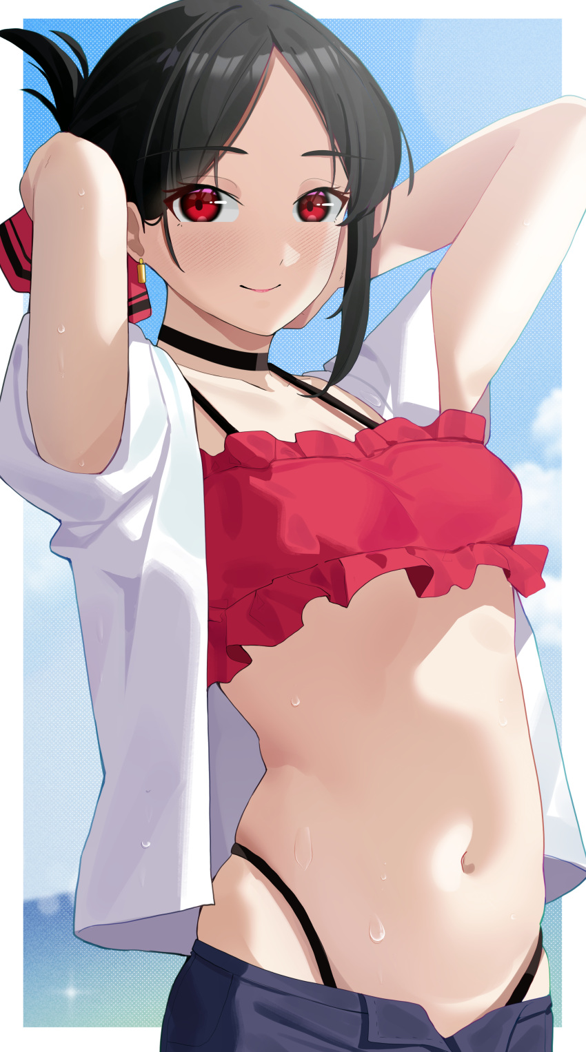 1girl absurdres bikini black_choker black_hair blush breasts choker commission frilled_bikini frills haerge highleg highleg_bikini highres kaguya-sama_wa_kokurasetai_~tensai-tachi_no_renai_zunousen~ long_hair looking_at_viewer navel open_clothes pixiv_commission red_eyes red_ribbon ribbon shinomiya_kaguya shirt small_breasts smile solo stomach swimsuit white_shirt