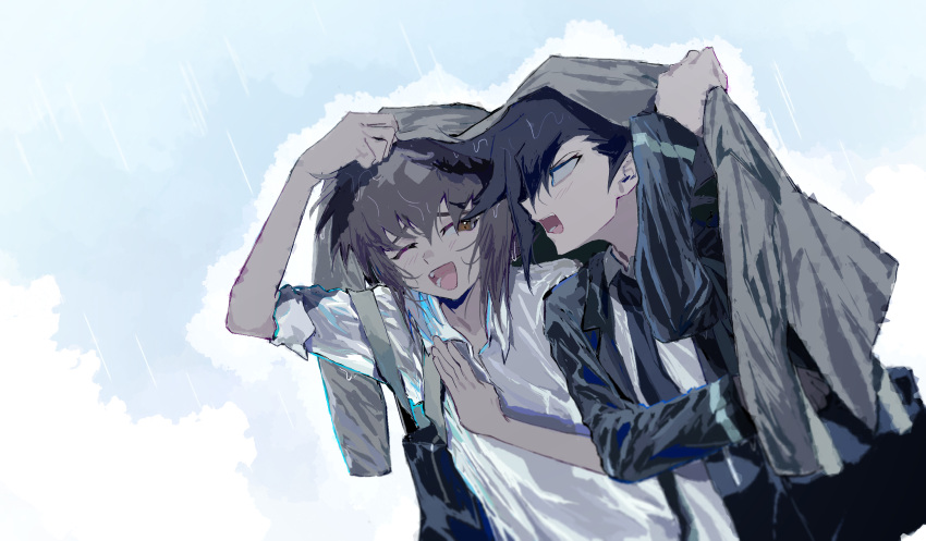 2boys bag black_hair black_jacket black_necktie black_pants brown_hair grey_jacket highres jacket kd_(jichaman1) long_sleeves looking_at_another male_focus manjoume_jun multiple_boys necktie one_eye_closed open_mouth pants rain shirt short_hair wet wet_clothes wet_shirt white_shirt yu-gi-oh! yu-gi-oh!_gx yuuki_juudai