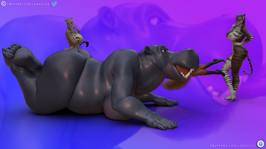 16:9 abdominal_bulge anthro audience being_watched belly big_belly big_breasts big_butt body_in_mouth breasts butt canid canine cheetah clock common_hippopotamus daz3d daz_3d daz_studio fatal fatal_vore felid feline female female/female fox group hippopotamid huge_breasts huge_butt huge_thighs jasmine_(loneclaw) larger_female laying_on_ground loneclaw looking_at_another lying lying_on_breasts lying_on_ground mammal neck_bulge on_front oral_vore pantherine red_fox size_difference smaller_female smile swallow-whole swallowed swallowed-alive swallowing thick_thighs tiger turned_on vore watch wide_hips widescreen willing_vore