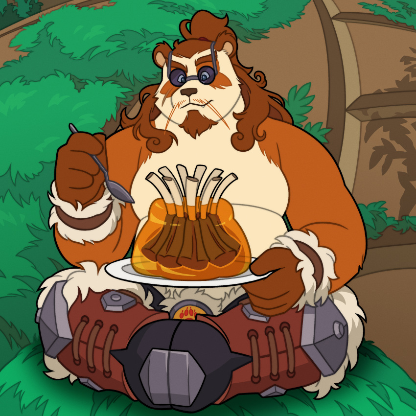 4_fingers absurd_res anthro arm_tuft armor bear blizzard_entertainment brown_body brown_eyebrows brown_fur brown_hair cel_shading cheek_tuft confusion curled_hair cutlery dessert detailed_background eating elbow_tuft eye_markings eyebrows eyewear facial_hair facial_scar facial_tuft fingers food fur fur_trim_(clothing) gelatin goatee hair hi_res holding_plate holding_spoon jelly_(food) kitchen_utensils long_hair male mammal markings meat moss orange_body orange_fur outside pandaren plant quasarbearcat scar shaded shirtless sitting solo spoon sunglasses tied_hair tools tuft warcraft white_body white_fur