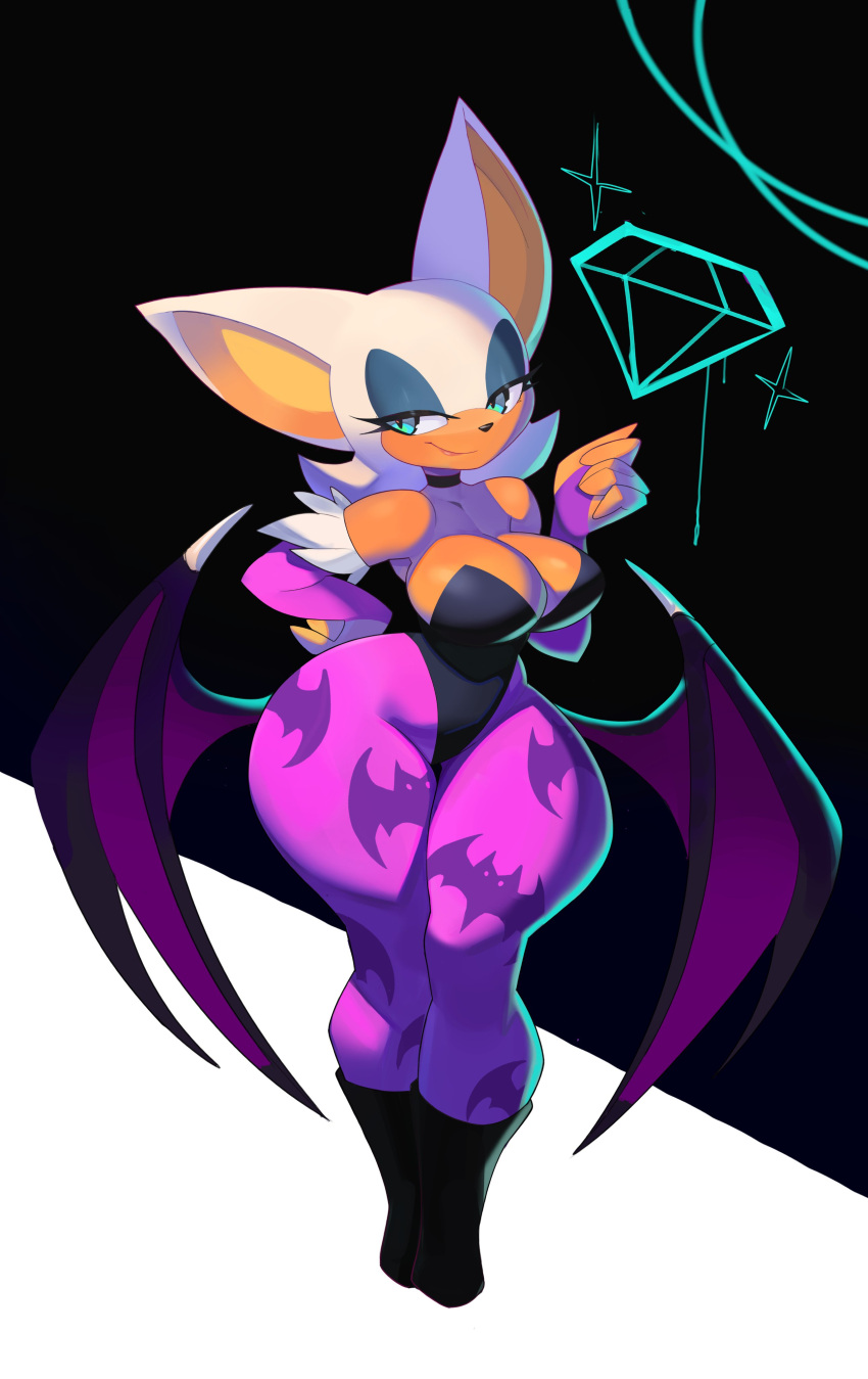 5_fingers absurd_res anthro armwear bare_shoulders bat boots breasts capcom cleavage clothed clothing cosplay crossover crossover_cosplay darkstalkers eyeshadow female fingers footwear fur hi_res makeup mammal membrane_(anatomy) membranous_wings morrigan_aensland narrowed_eyes rouge_the_bat roxythefoxy sega simple_background smile solo sonic_the_hedgehog_(series) tan_body tan_skin white_body white_fur wings