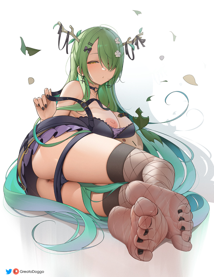 1girl artist_name ass black_choker black_dress black_nails black_panties black_socks breasts ceres_fauna ceres_fauna_(4th_costume) choker dress english_commentary falling_leaves feet fingernails fishnet_socks fishnets foot_focus goth_fashion greatodoggo green_hair hair_branch hair_over_one_eye heart heart_choker highres hololive hololive_english large_breasts leaf legs looking_at_viewer lying mole mole_under_eye nail_polish nipples on_side one_breast_out panties panty_pull patreon_logo pulled_by_self pussy pussy_peek simple_background skindentation socks soles solo strap_pull thighs toe_scrunch toenail_polish toenails toes twitter_logo underwear white_background yellow_eyes