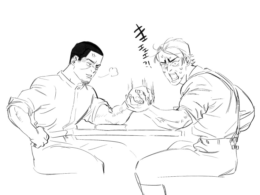 2boys arm_wrestling book chengongzi123 clenched_hand commentary constricted_pupils facial_hair feet_out_of_frame goatee golden_kamuy grin hand_on_own_hip highres koito_otonoshin lineart looking_at_another male_focus multiple_boys open_mouth pants puff_of_air shirt short_hair simple_background sitting smile suspenders symbol-only_commentary table translation_request tsukishima_hajime veins very_short_hair white_background